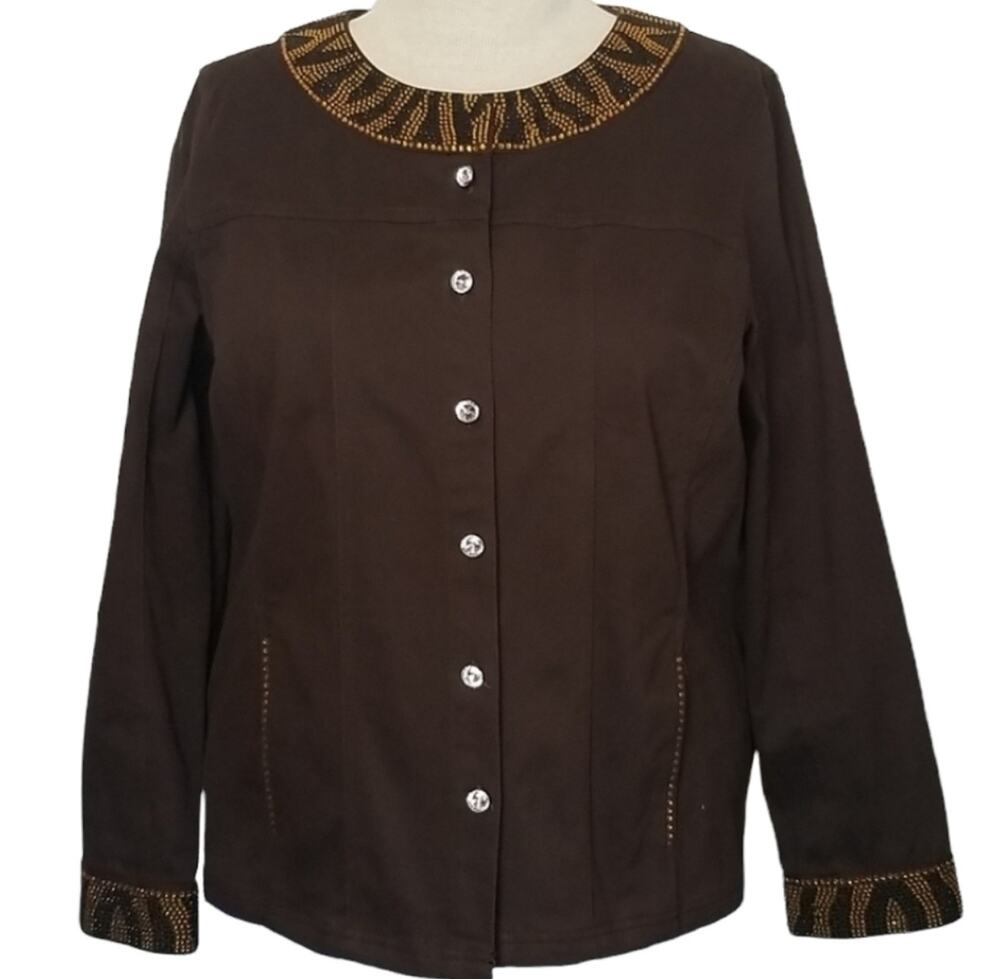 Quacker Factory SZ XL Jacket Blazer Brown Gold Studded Button Down Rhinestone